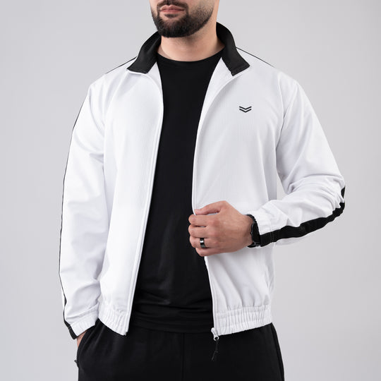 White Woven Lycra Mock-Neck Jacket with Black Panels