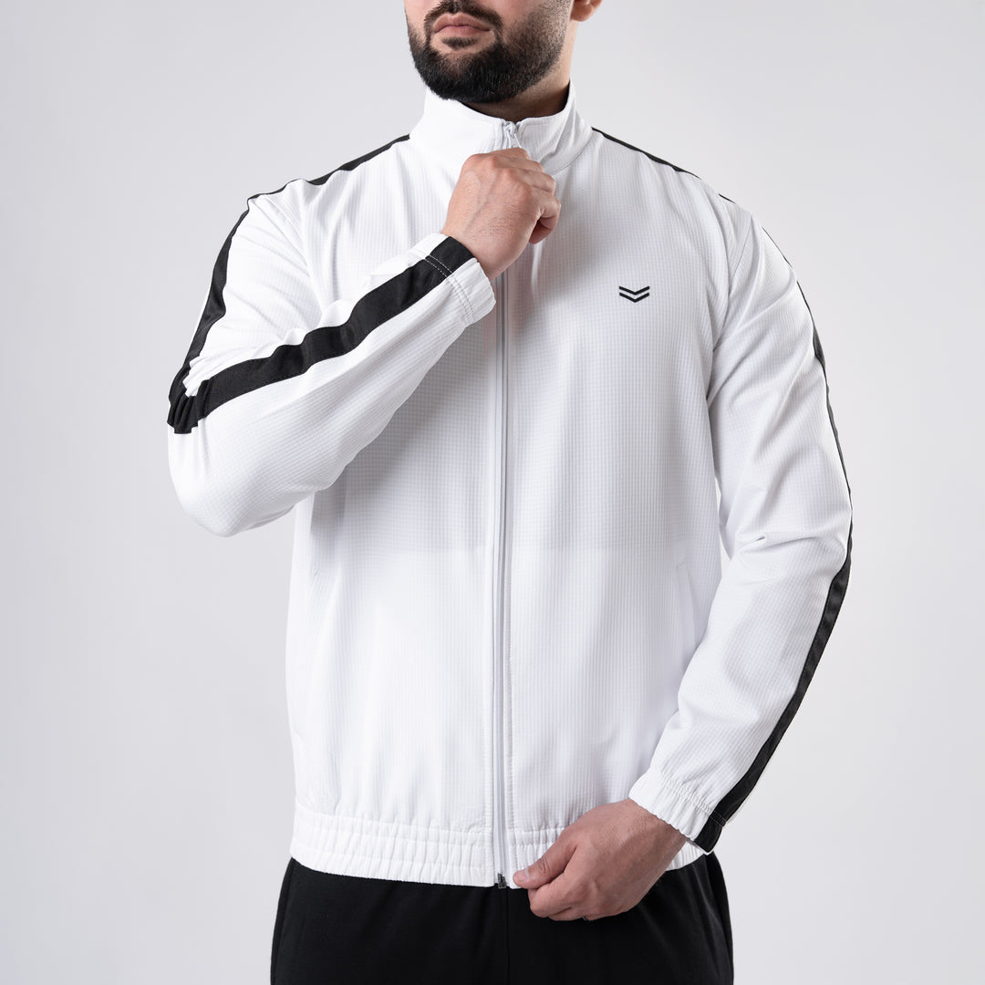 White Woven Lycra Mock-Neck Jacket with Black Panels