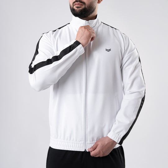 White Woven Lycra Mock-Neck Jacket with Black Panels