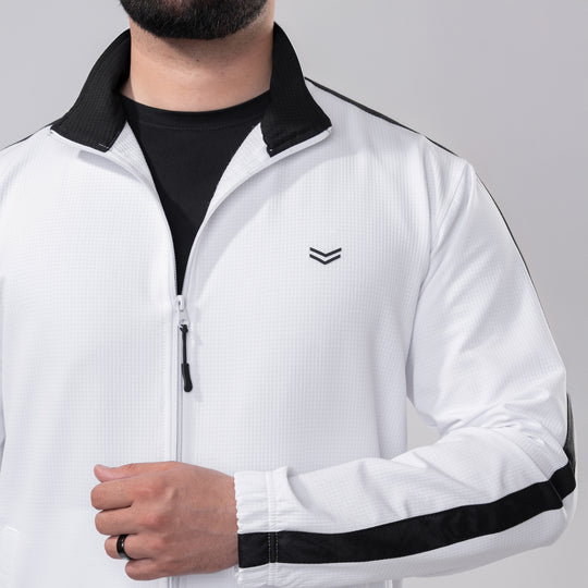 White Woven Lycra Mock-Neck Jacket with Black Panels