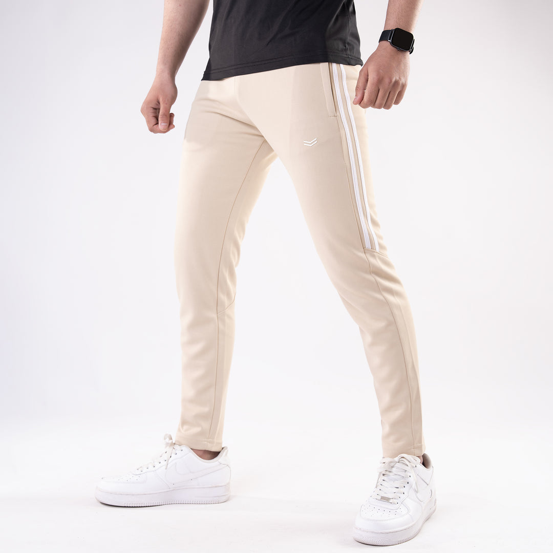 Beige Quick Dry Slim Fit Trousers with Two Half Stripes