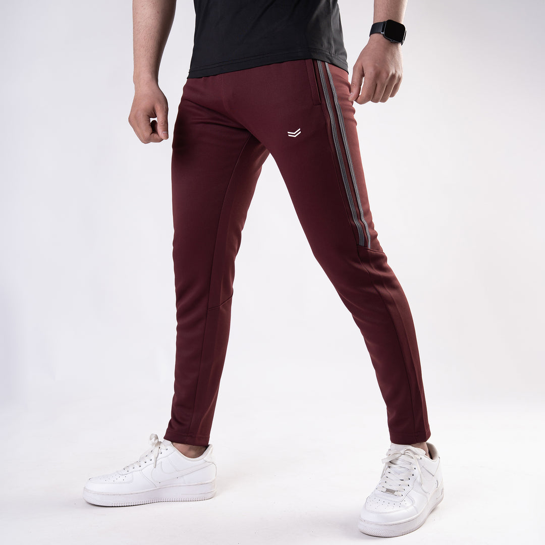 Maroon Quick Dry Slim Fit Trousers with Two Half Stripes