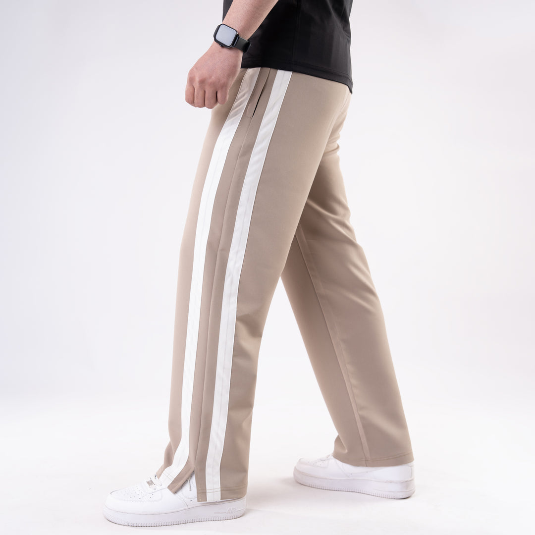 Beige Lycra Terry Bold Stripes Trouser with Slit