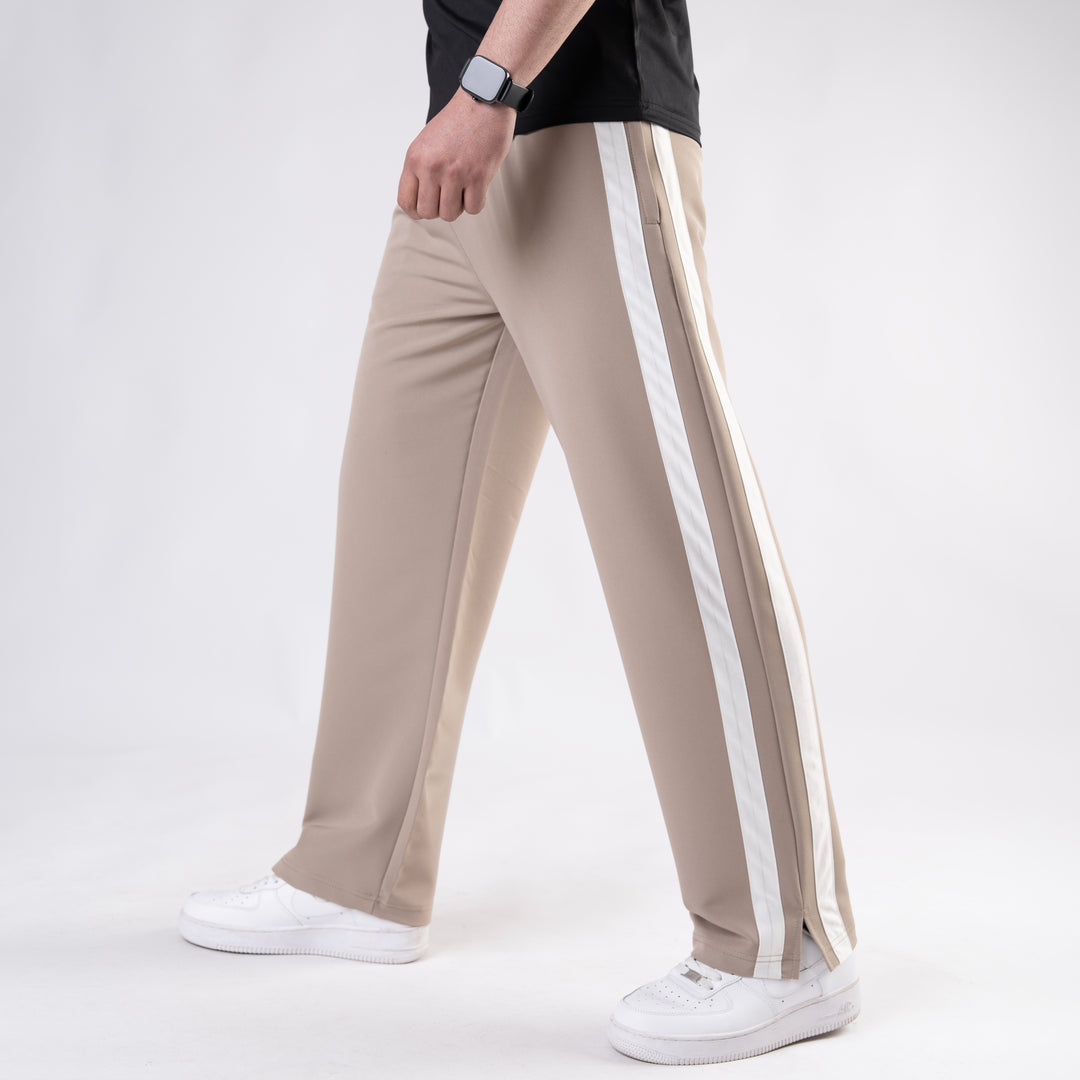 Beige Lycra Terry Bold Stripes Trouser with Slit