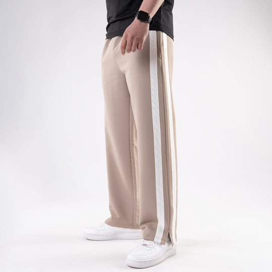 Beige Lycra Terry Bold Stripes Trouser with Slit
