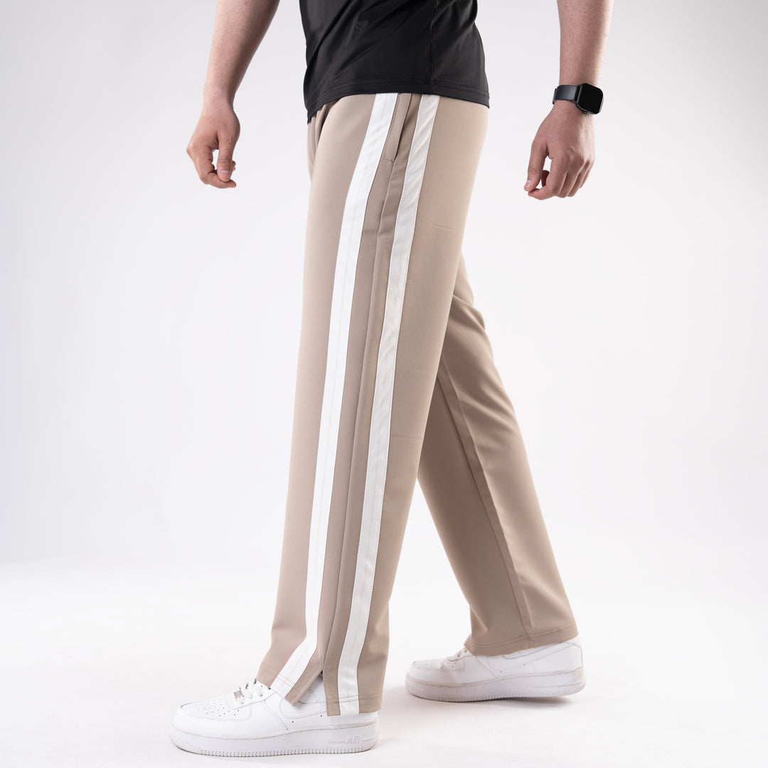Beige Lycra Terry Bold Stripes Trouser with Slit