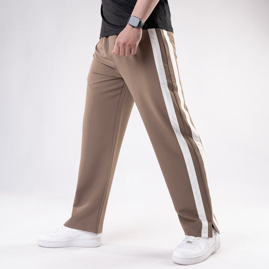 Brown Lycra Terry Bold Stripes Trouser with Slit