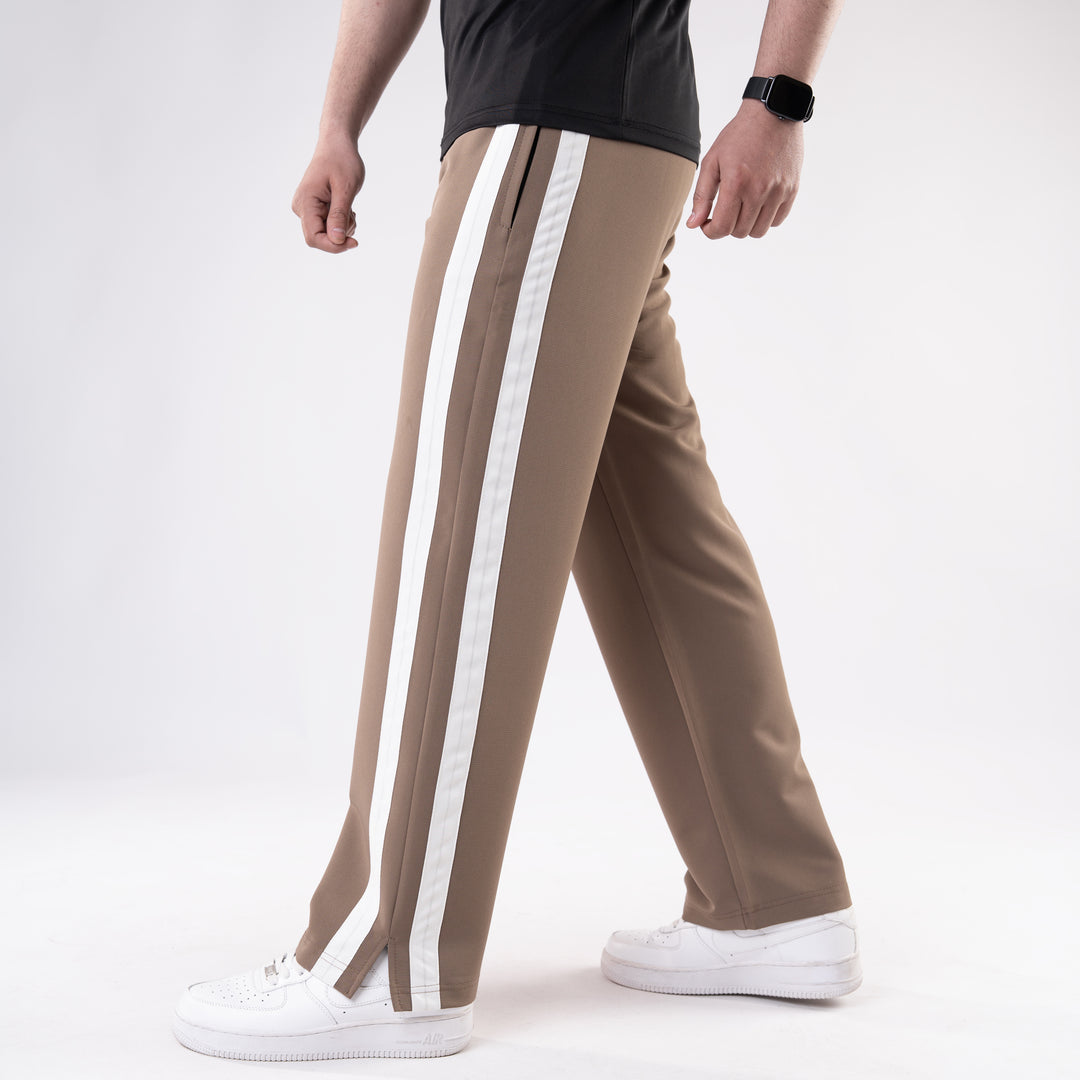 Brown Lycra Terry Bold Stripes Trouser with Slit