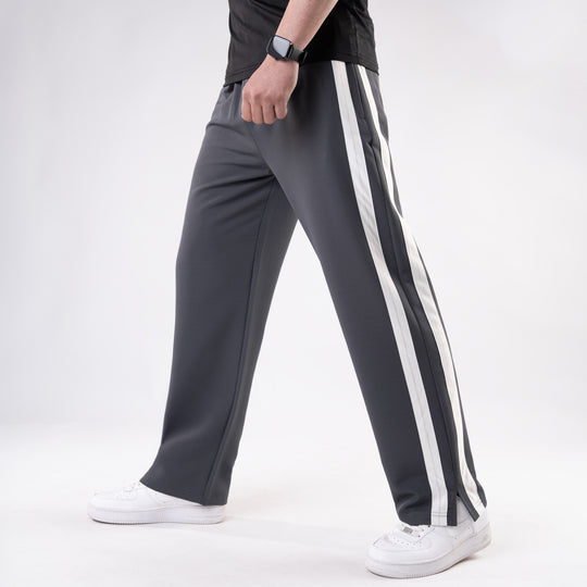 Dark Gray Lycra Terry Bold Stripes Trouser with Slit
