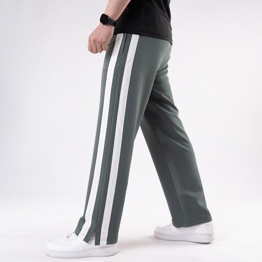 Sage Green Lycra Terry Bold Stripes Trouser with Slit