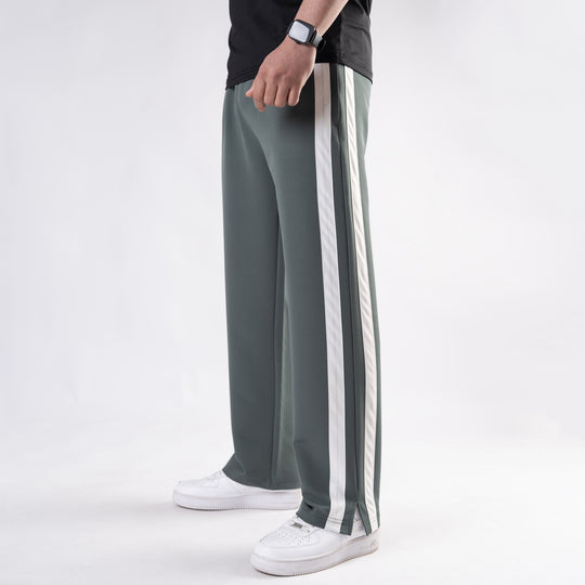 Sage Green Lycra Terry Bold Stripes Trouser with Slit