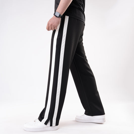 Black Lycra Terry Bold Stripes Trouser with Slit