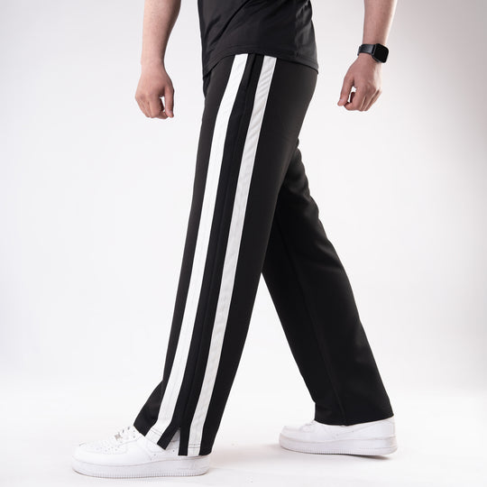 Black Lycra Terry Bold Stripes Trouser with Slit