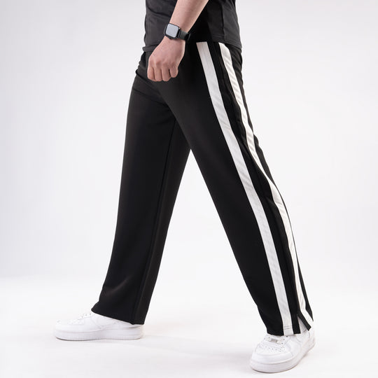 Black Lycra Terry Bold Stripes Trouser with Slit
