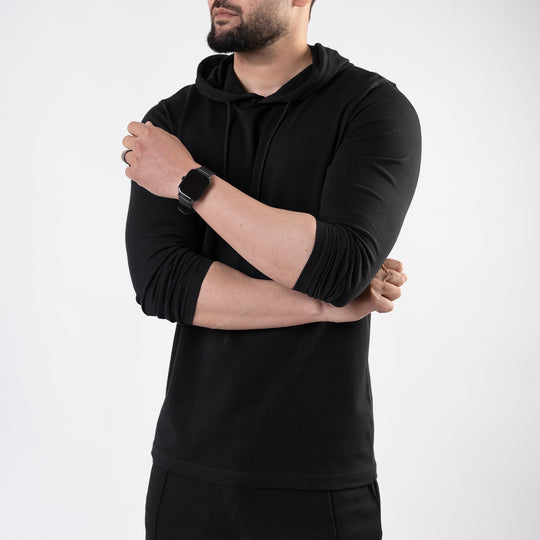 Black Hooded Full Sleeves T-Shirt