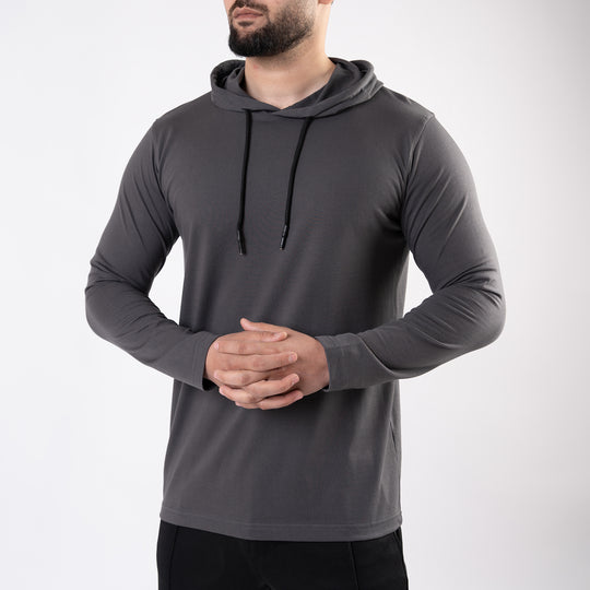 Plain Smoke Gray Hooded Full Sleeves T-Shirt