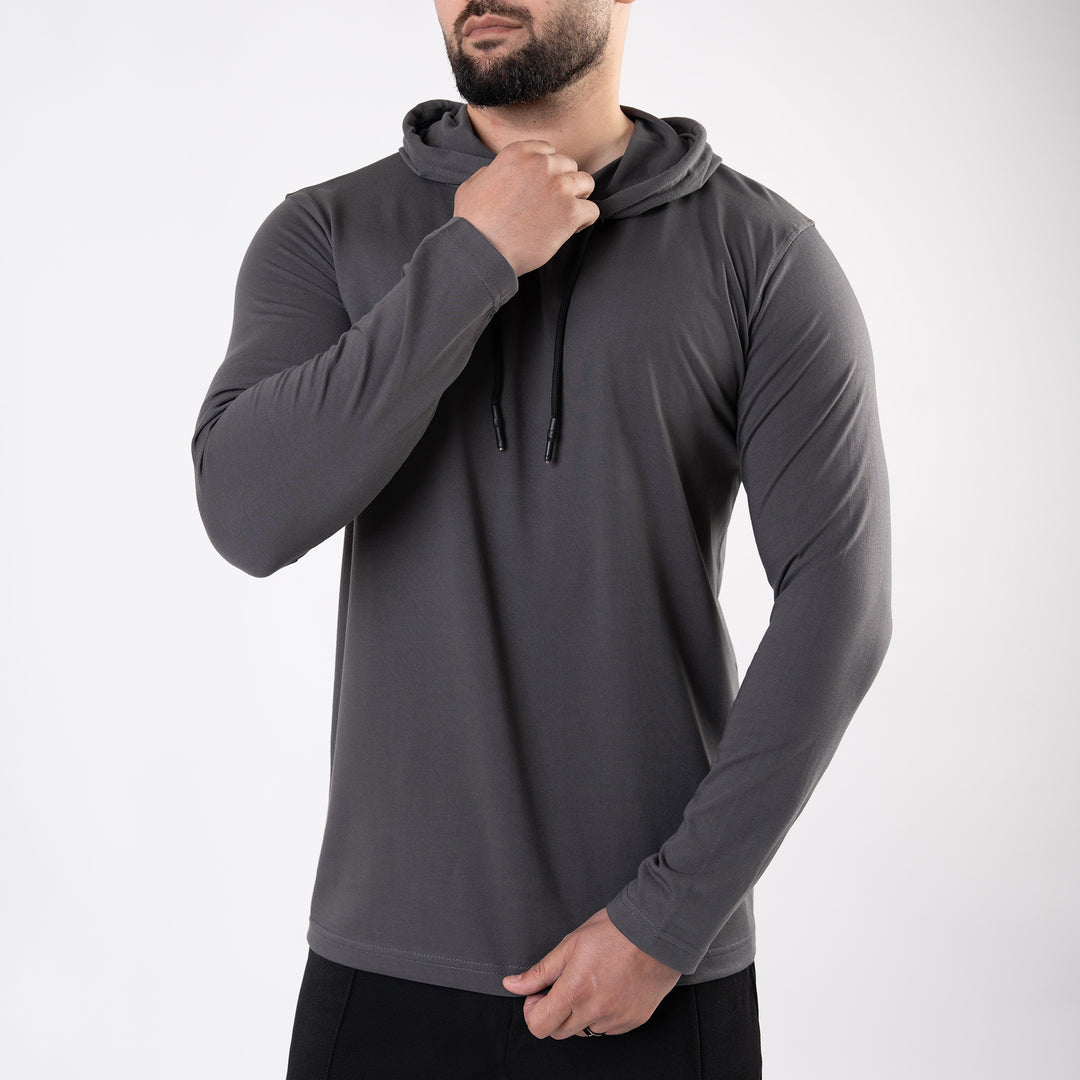 Plain Smoke Gray Hooded Full Sleeves T-Shirt