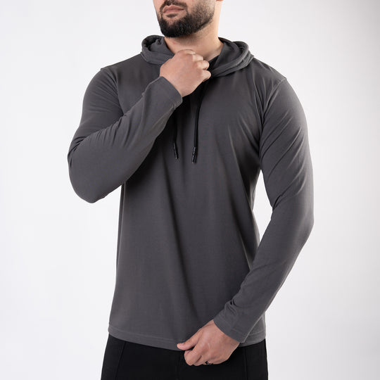 Plain Smoke Gray Hooded Full Sleeves T-Shirt