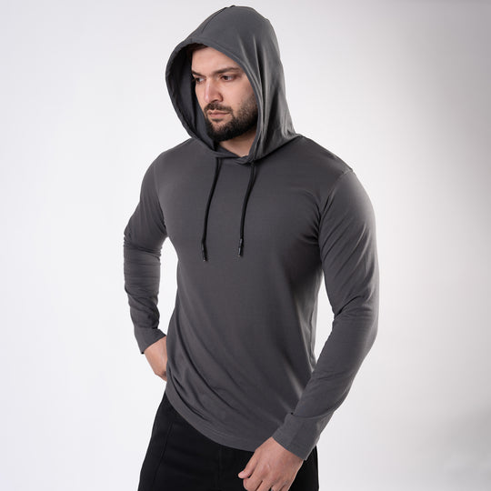 Plain Smoke Gray Hooded Full Sleeves T-Shirt