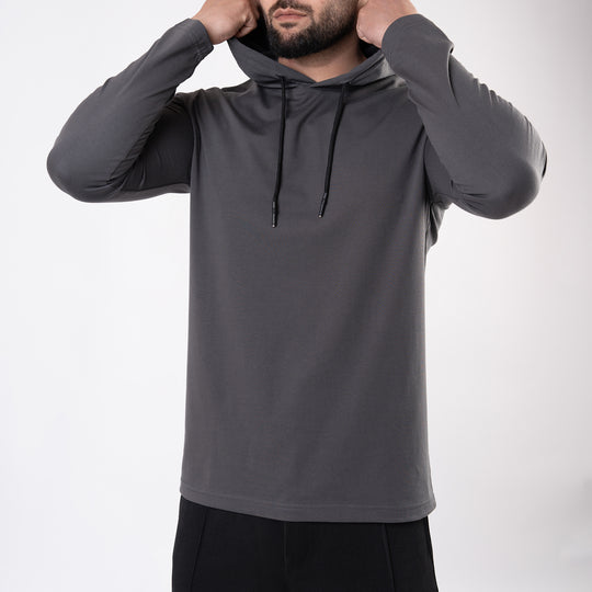 Plain Smoke Gray Hooded Full Sleeves T-Shirt