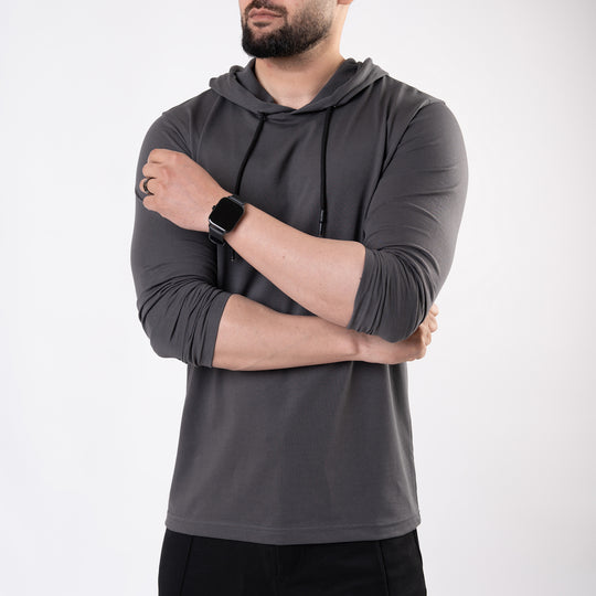 Plain Smoke Gray Hooded Full Sleeves T-Shirt