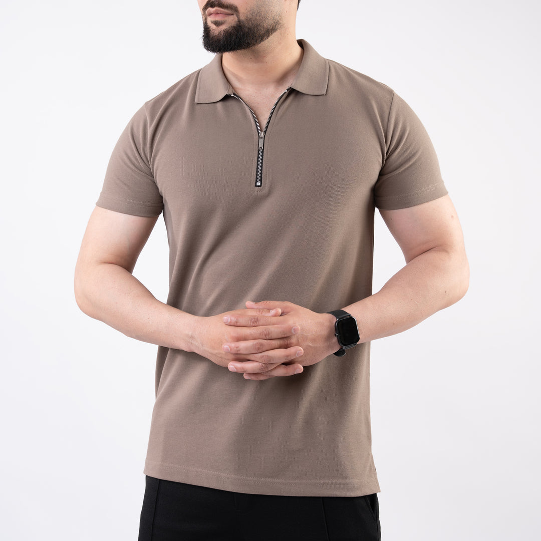 Khaki Polo with Metal Zipper