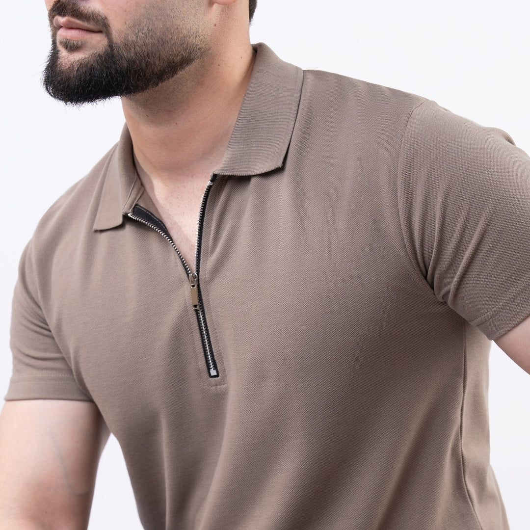 Khaki Polo with Metal Zipper