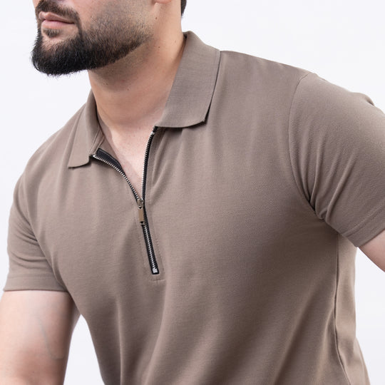 Khaki Polo with Metal Zipper