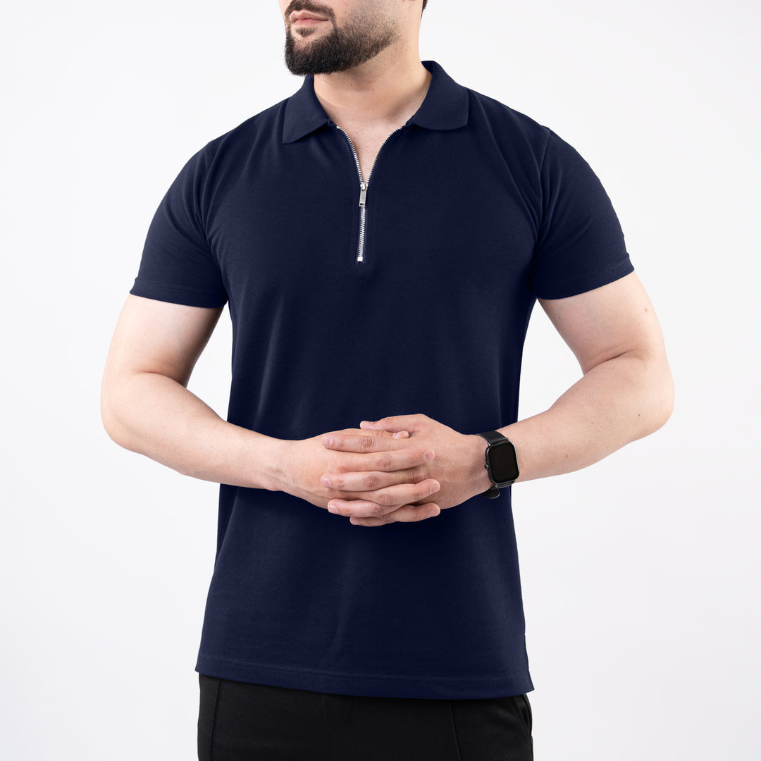 Navy Polo with Metal Zipper