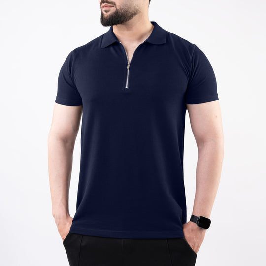 Navy Polo with Metal Zipper