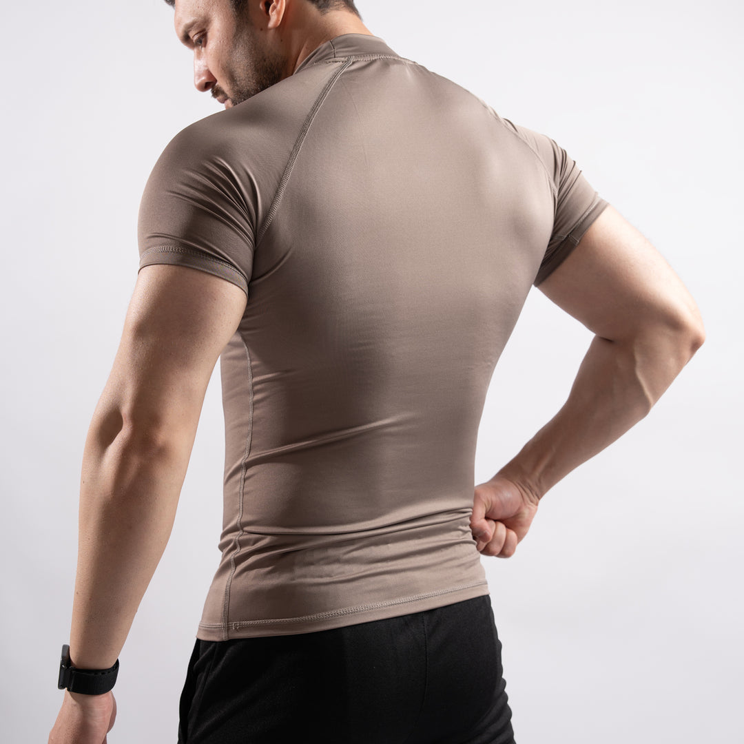 Khaki Mock Neck Half Sleeve Compression Tee
