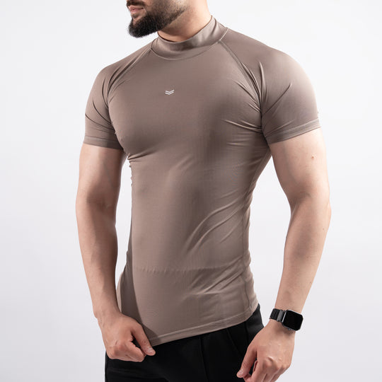 Khaki Mock Neck Half Sleeve Compression Tee