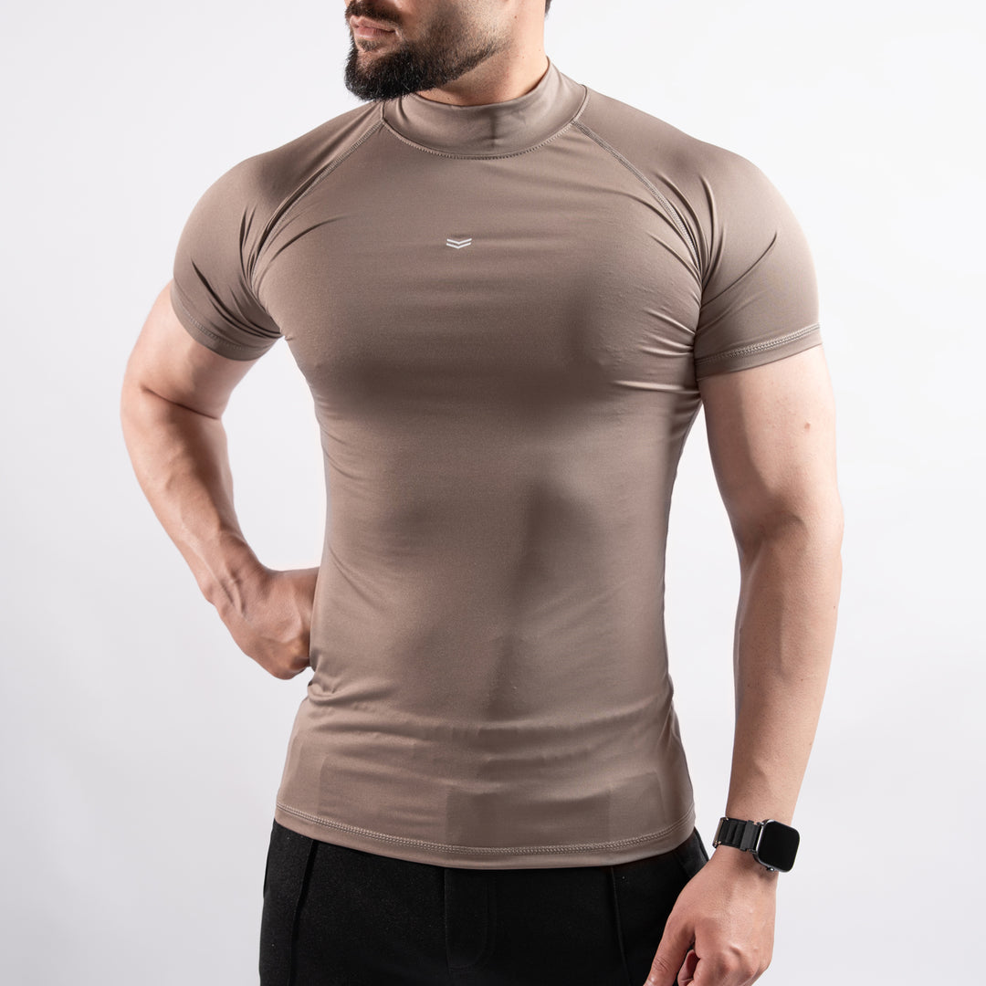 Khaki Mock Neck Half Sleeve Compression Tee