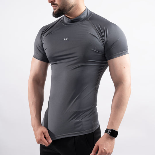 Gray Mock Neck Half Sleeve Compression Tee
