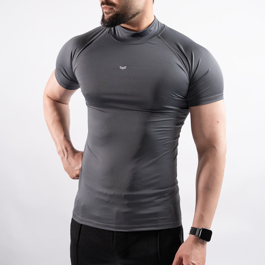 Gray Mock Neck Half Sleeve Compression Tee