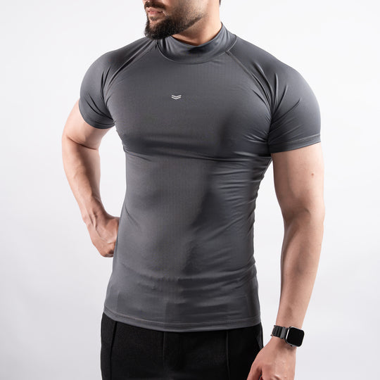 Gray Mock Neck Half Sleeve Compression Tee