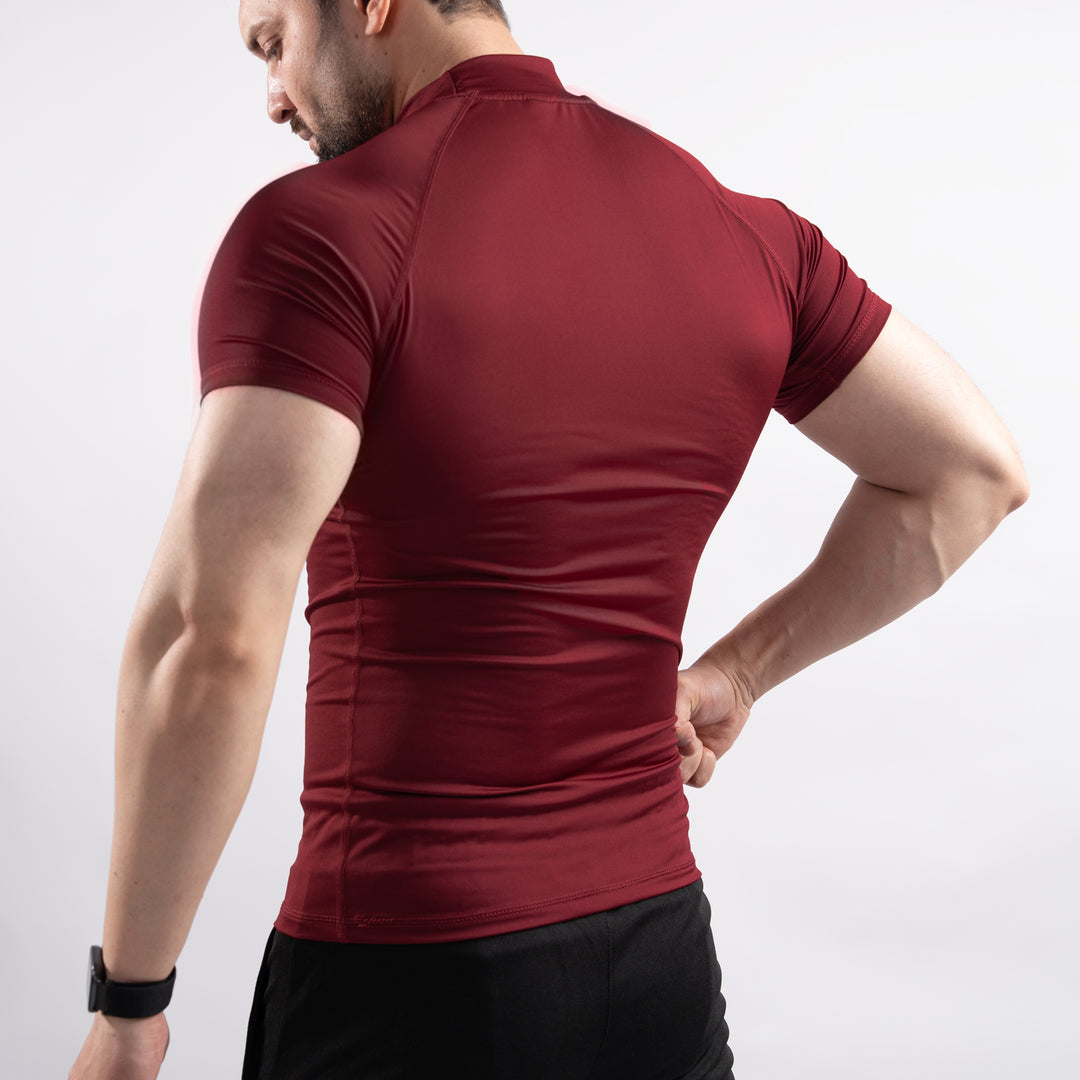Maroon Mock Neck Half Sleeve Compression Tee