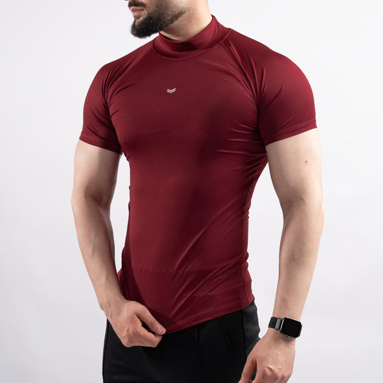 Maroon Mock Neck Half Sleeve Compression Tee