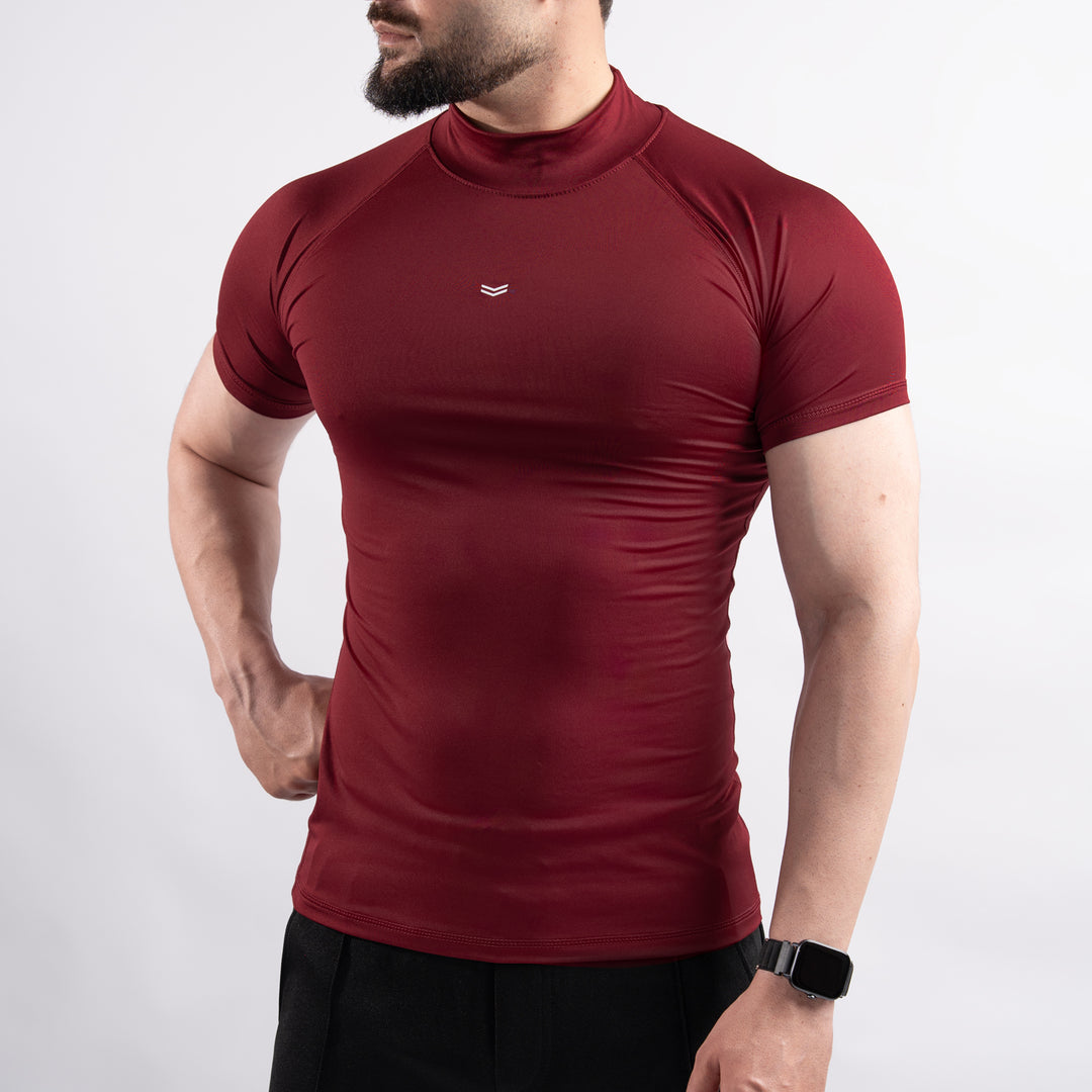 Maroon Mock Neck Half Sleeve Compression Tee