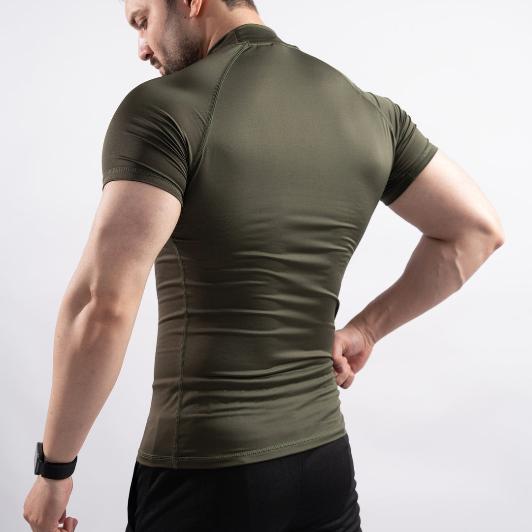 Olive Mock Neck Half Sleeve Compression Tee