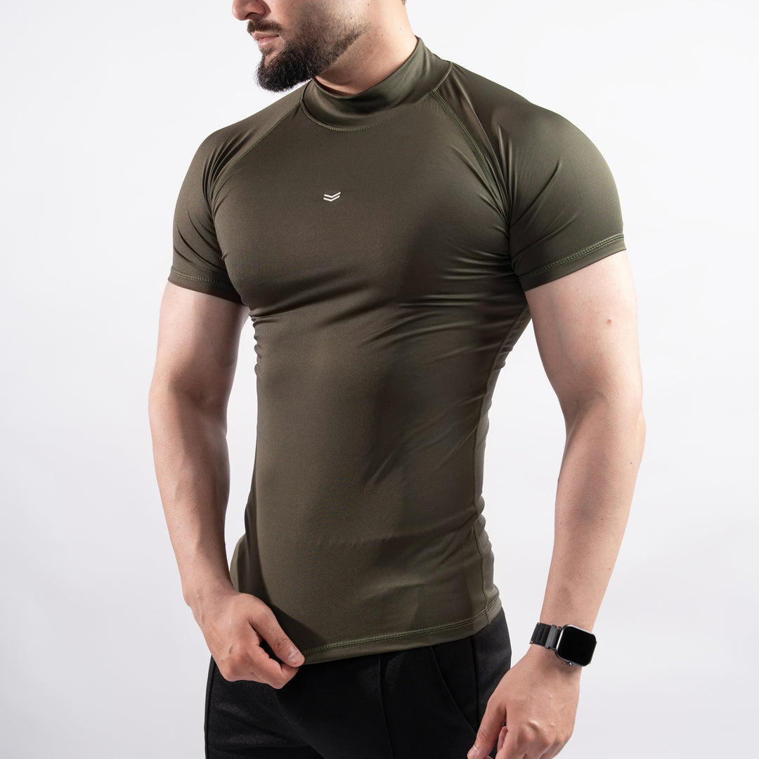 Olive Mock Neck Half Sleeve Compression Tee