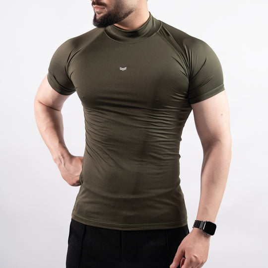 Olive Mock Neck Half Sleeve Compression Tee