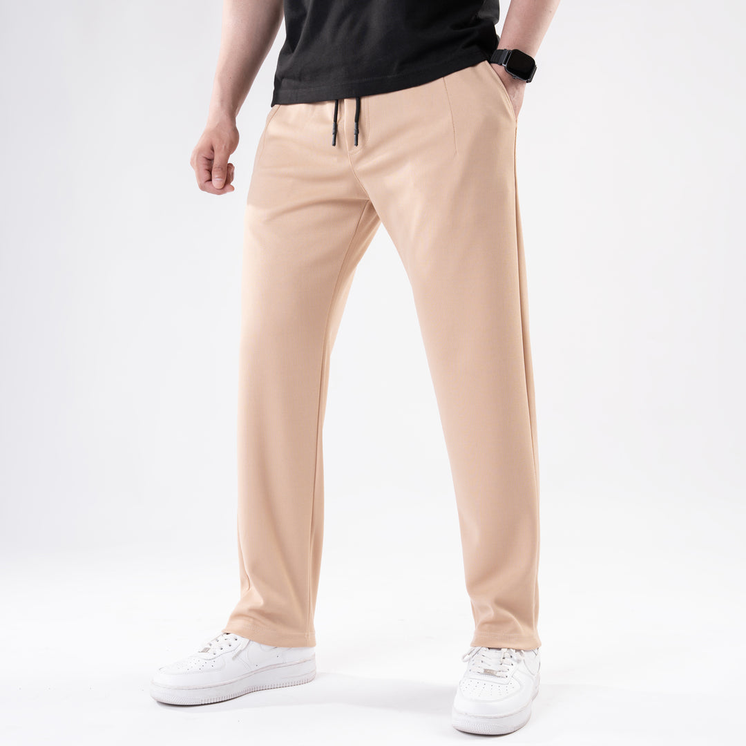 Beige Straight Fit Pleated Trousers