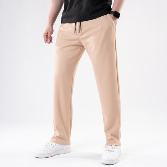 Beige Straight Fit Pleated Trousers