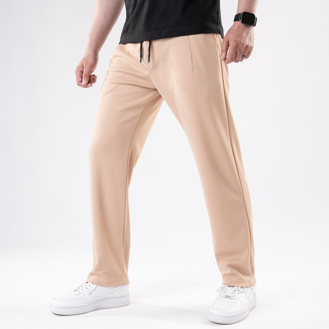 Beige Straight Fit Pleated Trousers