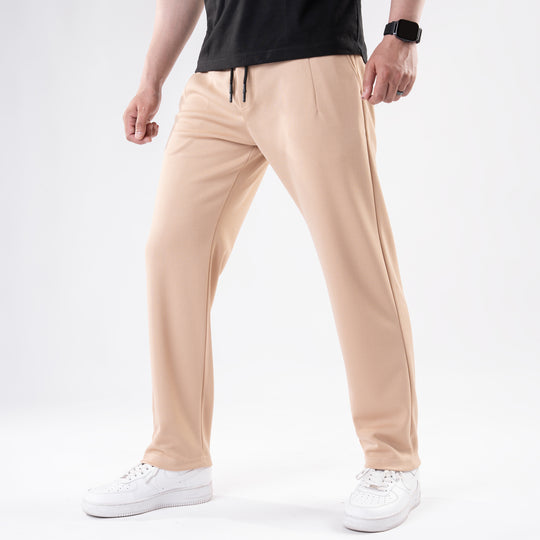 Beige Straight Fit Pleated Trousers