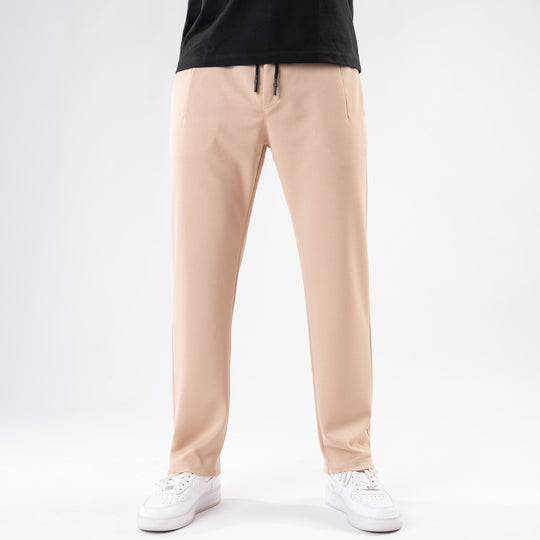 Beige Straight Fit Pleated Trousers
