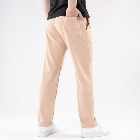 Beige Straight Fit Pleated Trousers