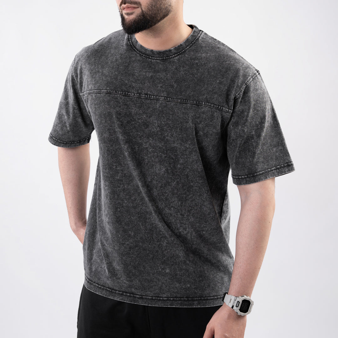 Gray Acid Wash Paneled Oversize T-Shirt