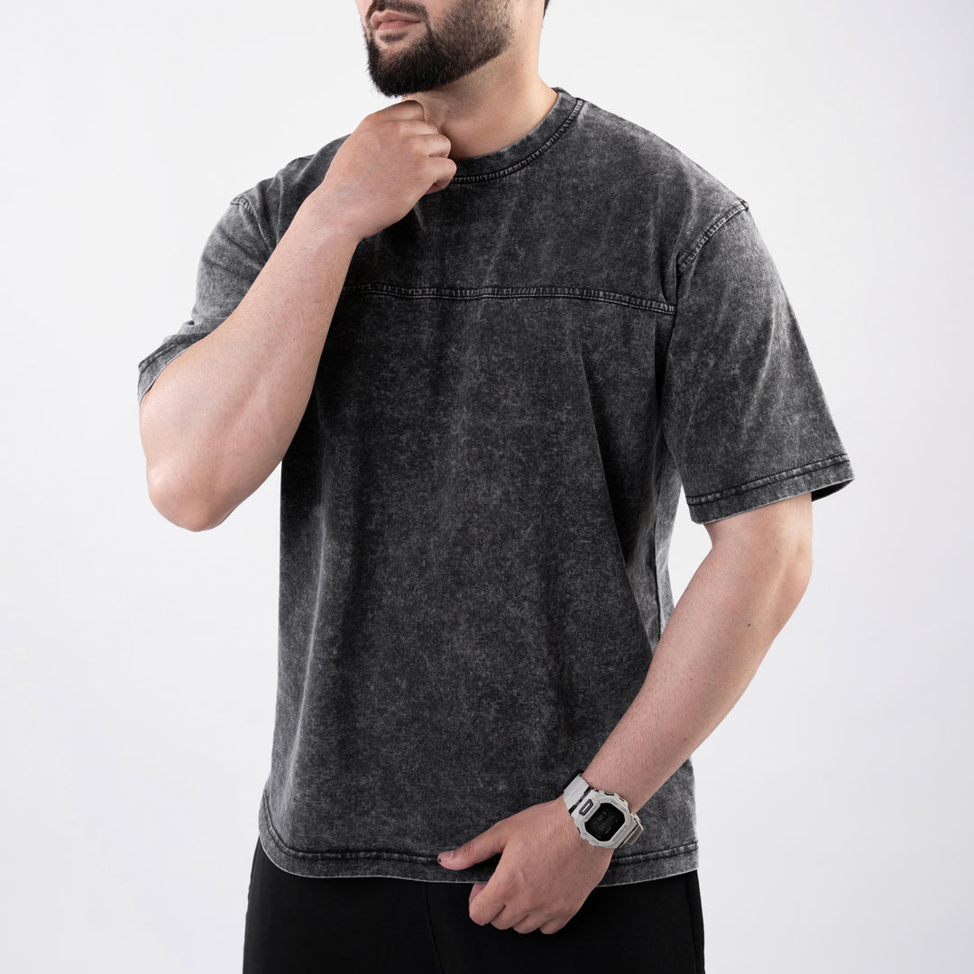 Gray Acid Wash Paneled Oversize T-Shirt